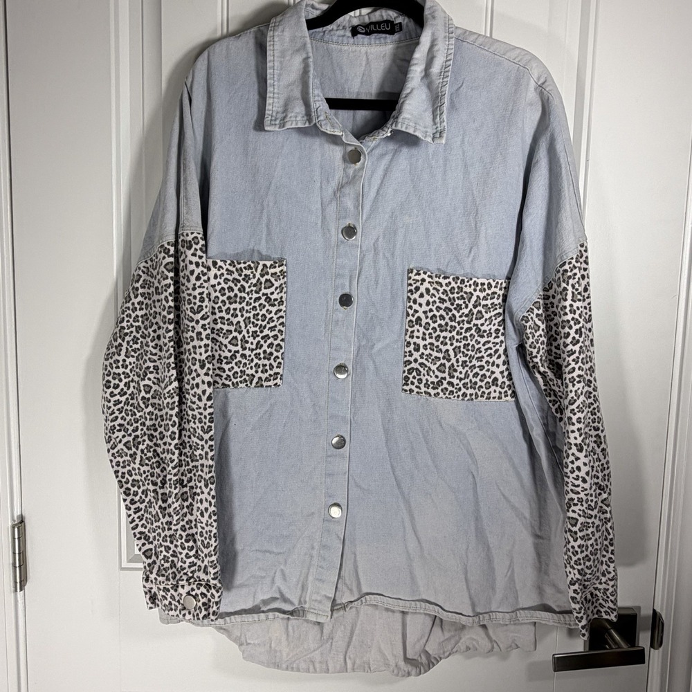 Yilleu Women's XXL Light Wash Denim Leopard Print Colorblock Shacket